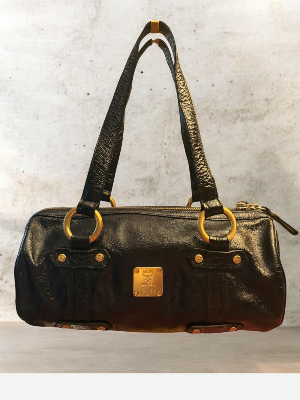MCM Black Patent Leather Barrel Bag / Cylinder Shoulder Purse